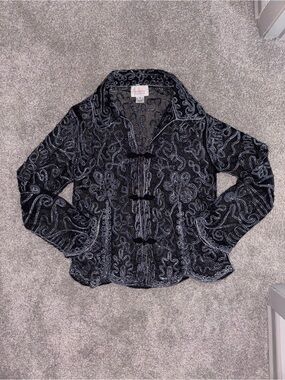 90s Karma Black Blouse with Silver Embroidered Swirls- Size M